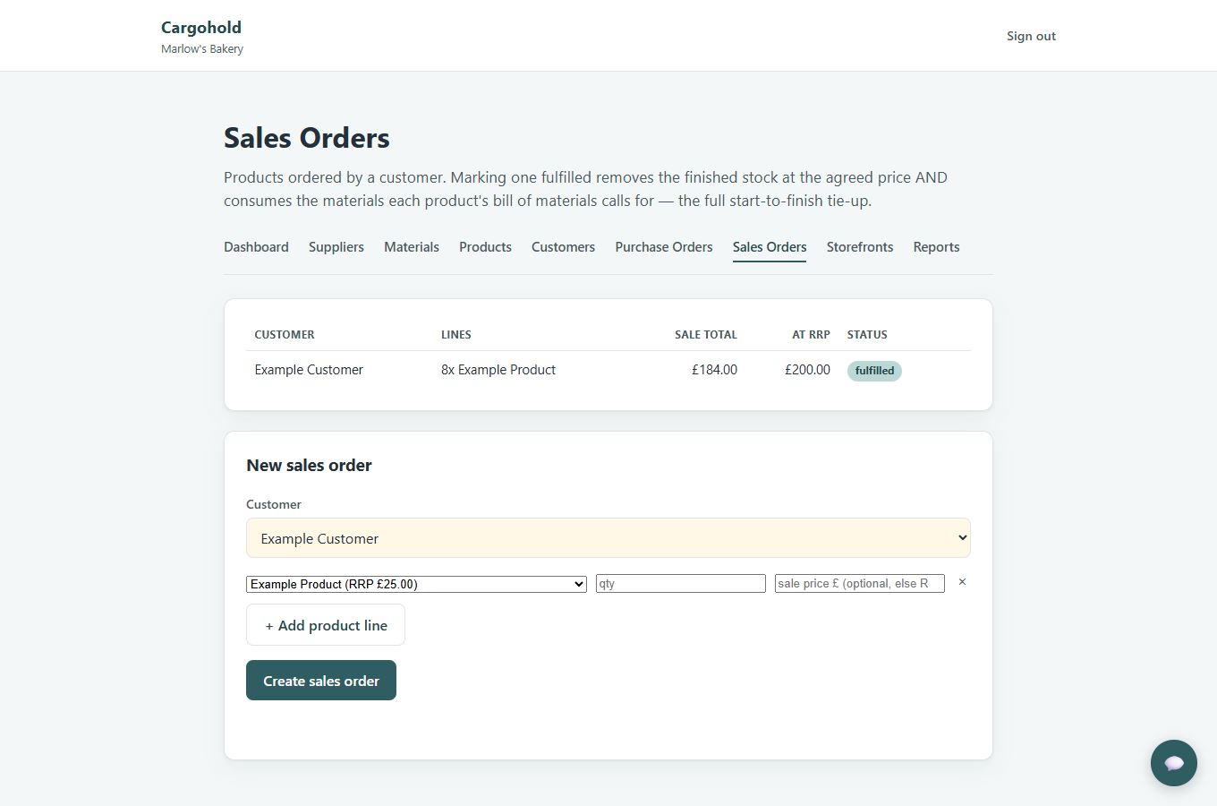 Cargohold sales orders screen showing a fulfilled order and the order builder